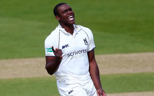 Keith Barker celebrating a wicket for Warwickshire